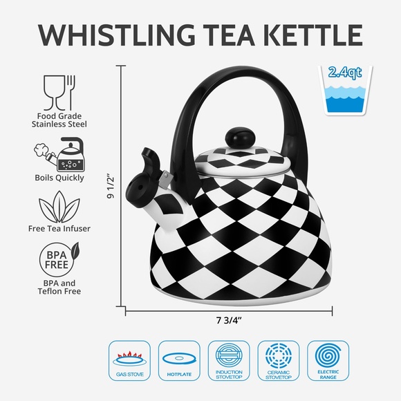 COPY - Whistling Tea Kettle for Stove Top Black Diamond Checher Decor Enamel on… - Picture 7 of 10